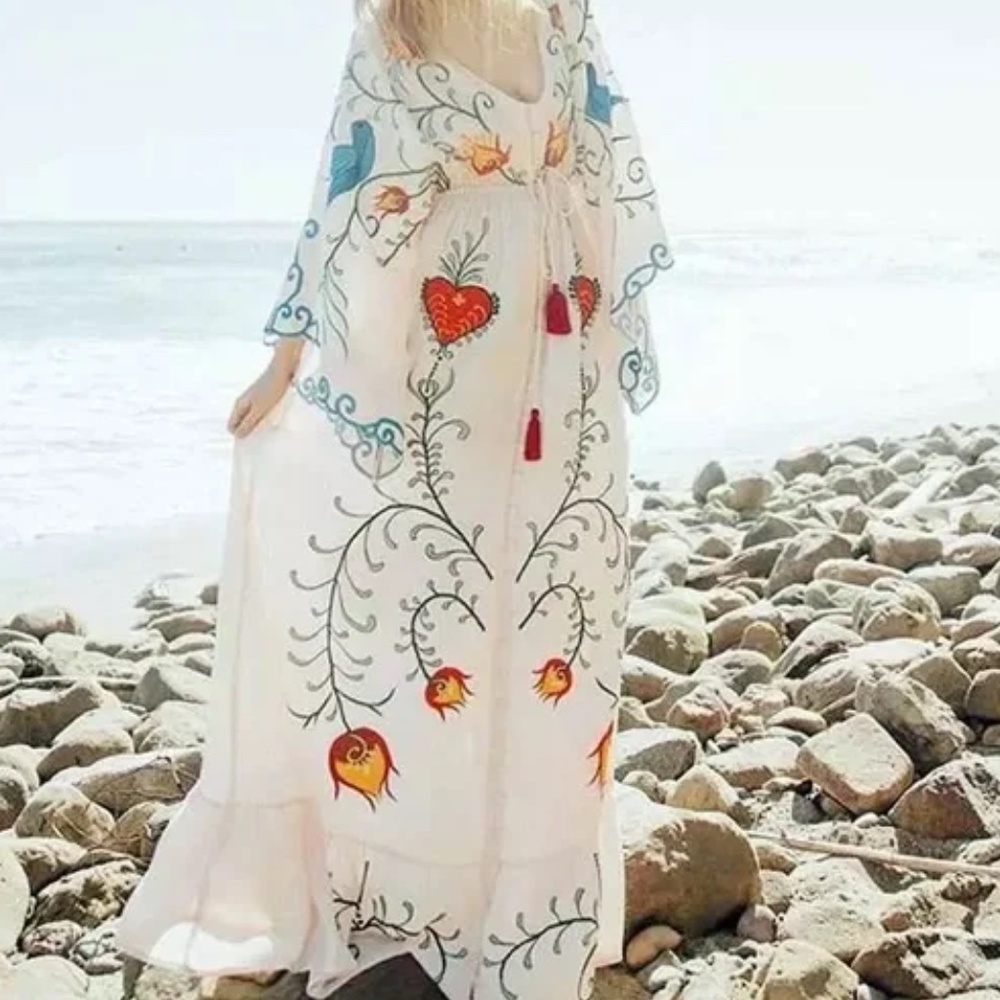 Boho Embroidered Hearts Floral Birds Long Maxi Kimono Dress - Picture 8 of 16